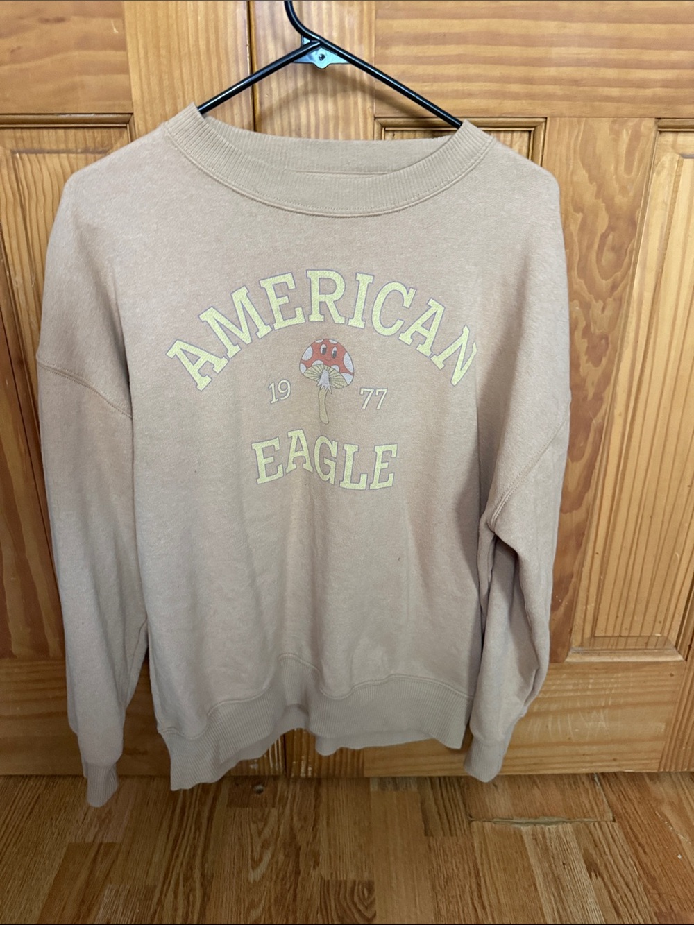 American Eagle Light Brown Graphic Crewneck Sweatshirt with Mushroom Detail